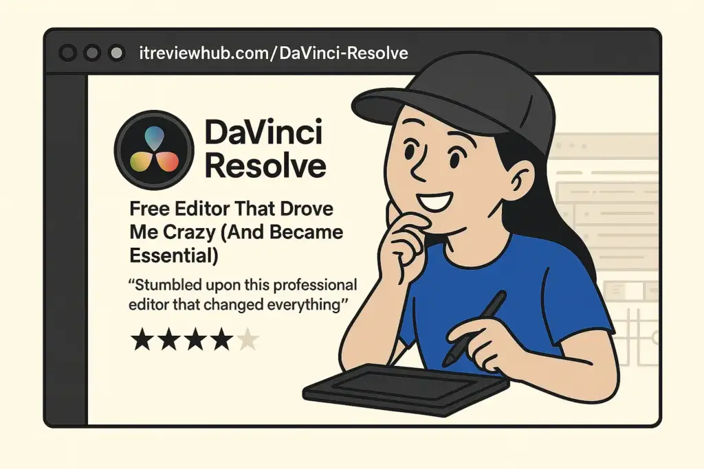 Split-screen illustration showing medical approach to video editing software selection with diagnostic process leading to DaVinci Resolve treatment success
