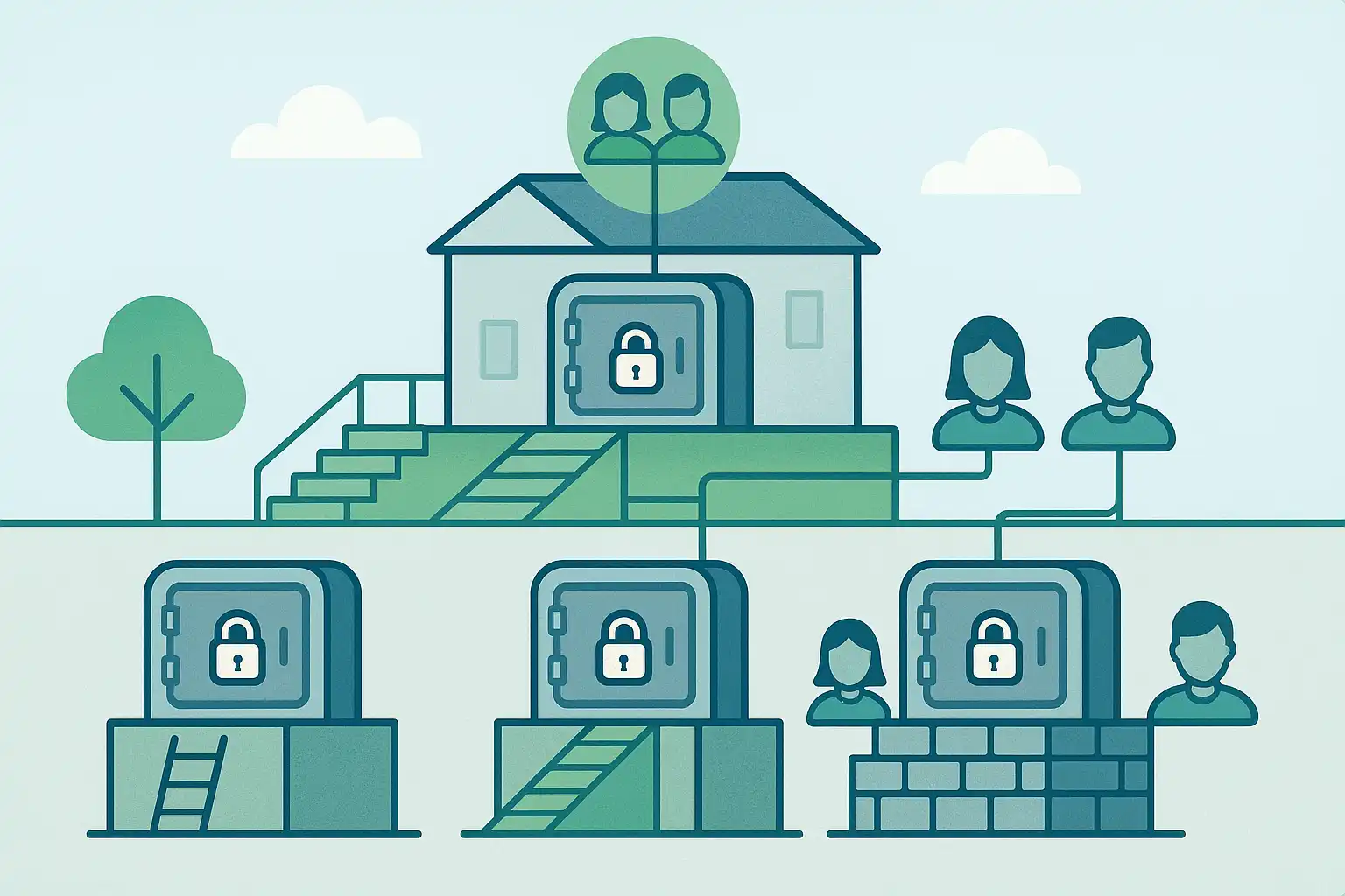 Family password security architecture diagram showing shared vaults and individual protection zones
