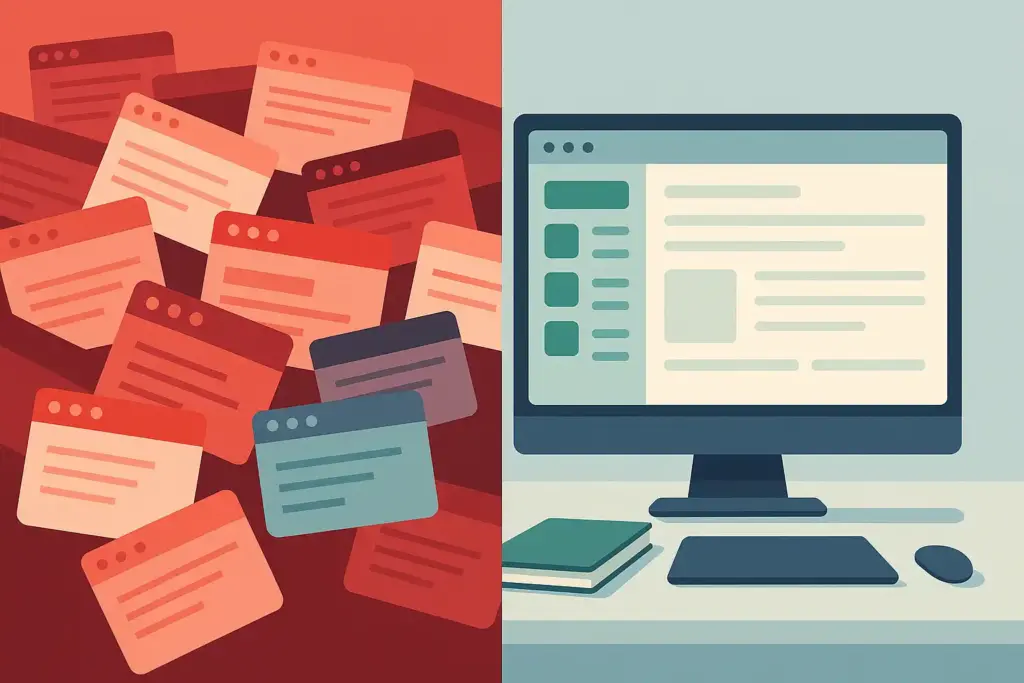 Browser tab chaos transforming into organized Arc Browser workspace with sidebar layout
