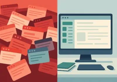 Browser tab chaos transforming into organized Arc Browser workspace with sidebar layout