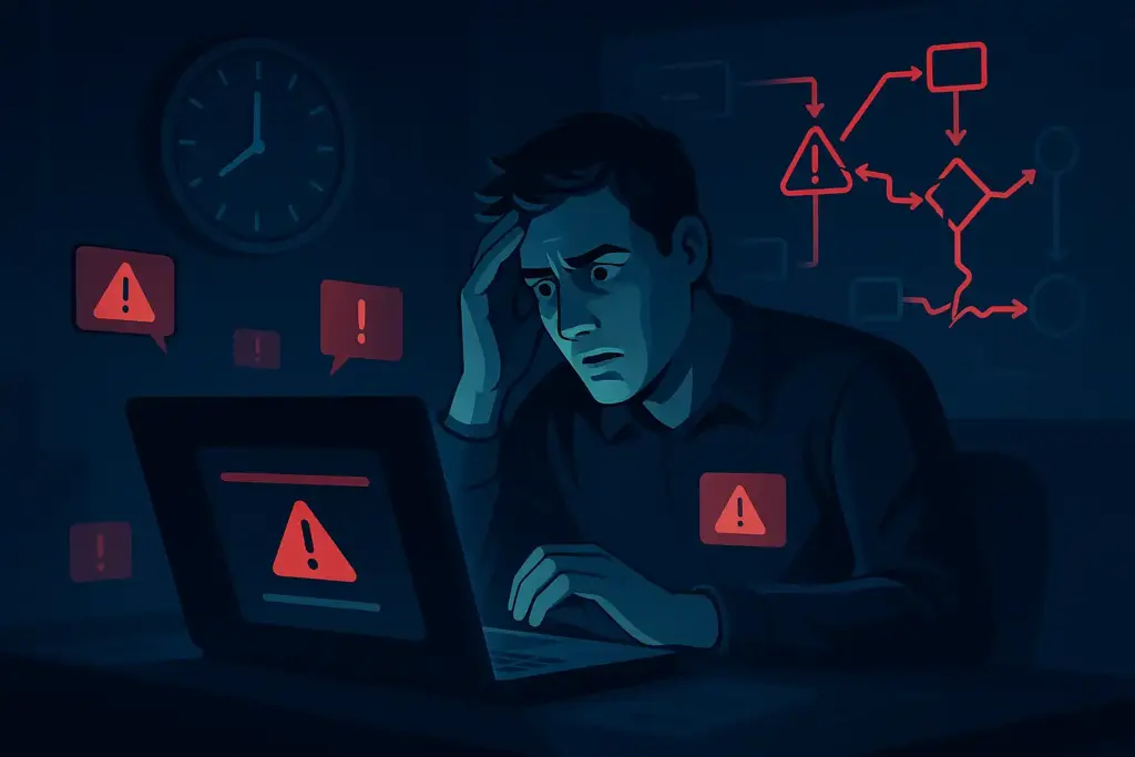 3AM automation crisis with broken workflows and error notifications on laptop screen