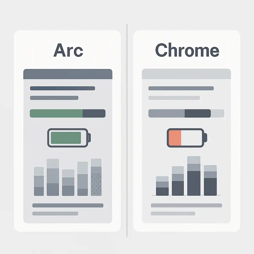 Performance comparison chart showing Arc Browser vs Chrome resource usage and capabilities