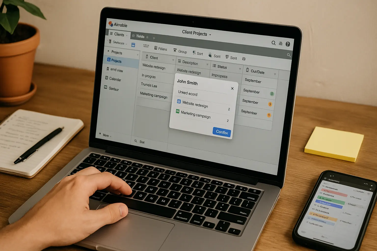 Realistic Airtable feature discovery showing linked records and multiple views in personal workspace showing actual testing process