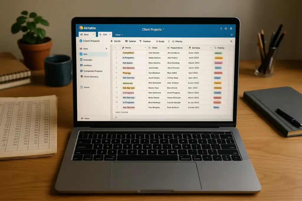Advanced Airtable workflow showing 9-month progression to confident database management mastery with professional results