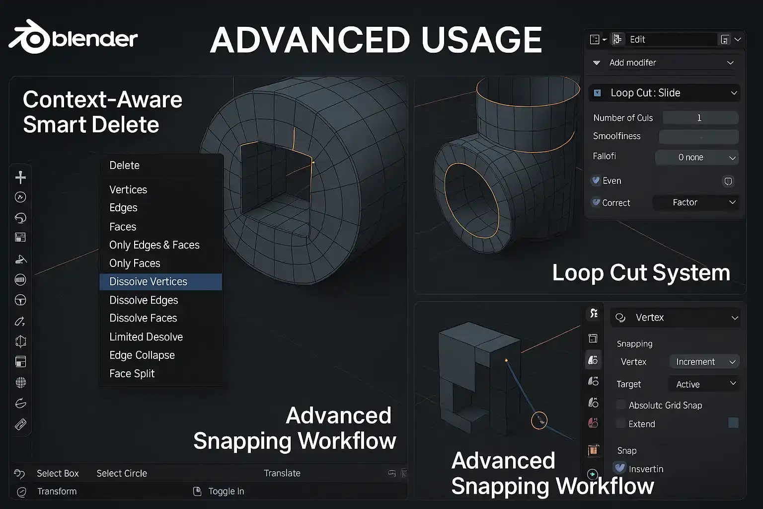 Advanced Blender workflow showing context-sensitive shortcuts and integrated tool systems