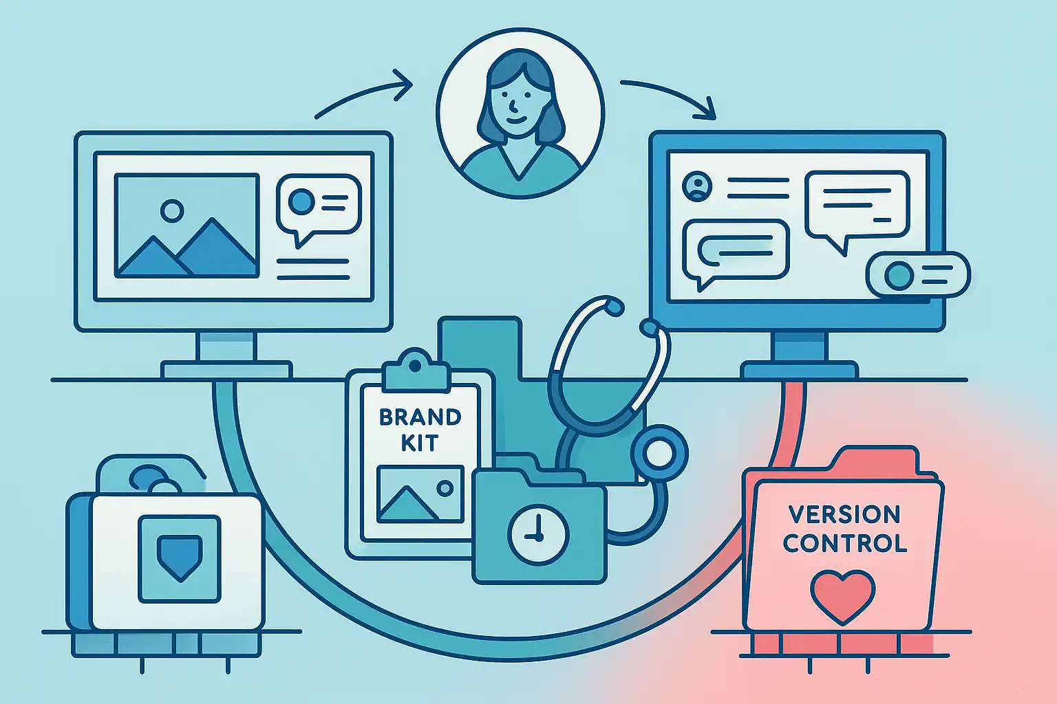 Visualization of collaborative design workflow with multiple connected systems showing real-time feedback and brand consistency management
