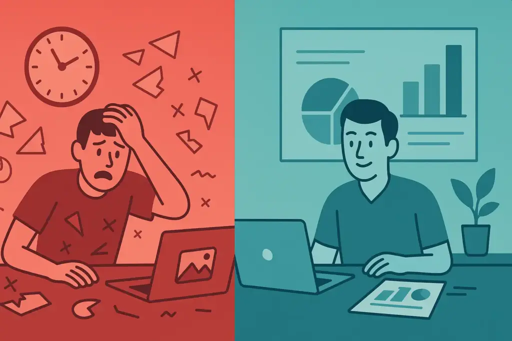 Split-screen illustration showing transformation from chaotic design crisis with scattered elements and urgent timeline to organized professional presentation workspace with successful outcome