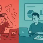 Split-screen illustration showing transformation from chaotic design crisis with scattered elements and urgent timeline to organized professional presentation workspace with successful outcome