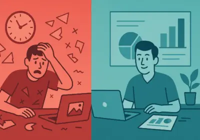 Split-screen illustration showing transformation from chaotic design crisis with scattered elements and urgent timeline to organized professional presentation workspace with successful outcome