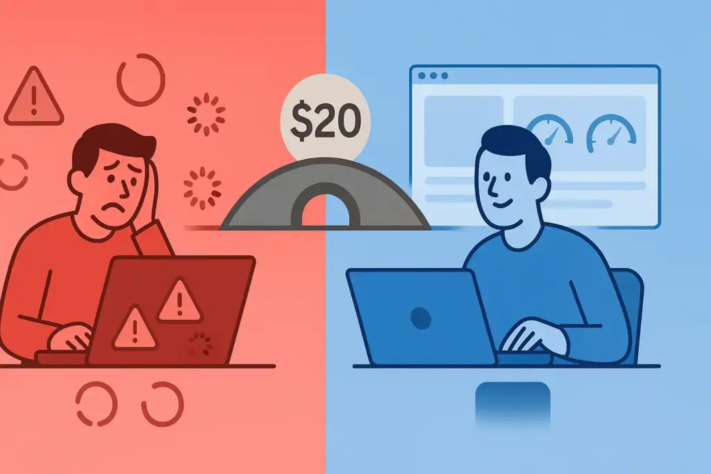 Split-screen illustration showing transformation from frustrated user waiting for slow ChatGPT responses to productive professional with fast, reliable AI assistance