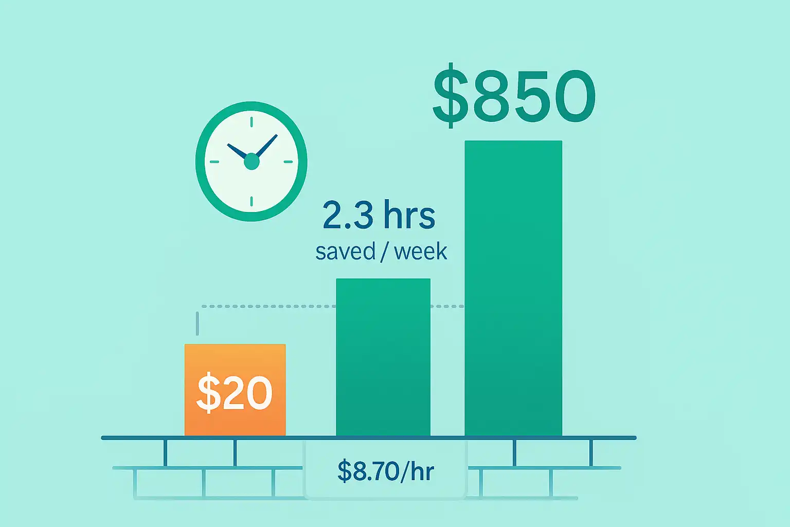 Cost-benefit analysis chart showing ChatGPT Plus monthly subscription cost compared to time savings value and productivity gains over professional workflow usage
