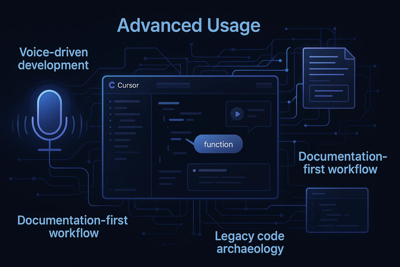 Visualization of advanced Cursor IDE workflows showing voice-driven development, documentation-first approach, and legacy code analysis