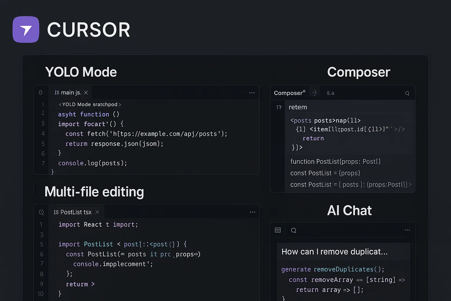 Professional diagram showing Cursor IDE's key features including YOLO Mode, Composer, and multi-file editing capabilities