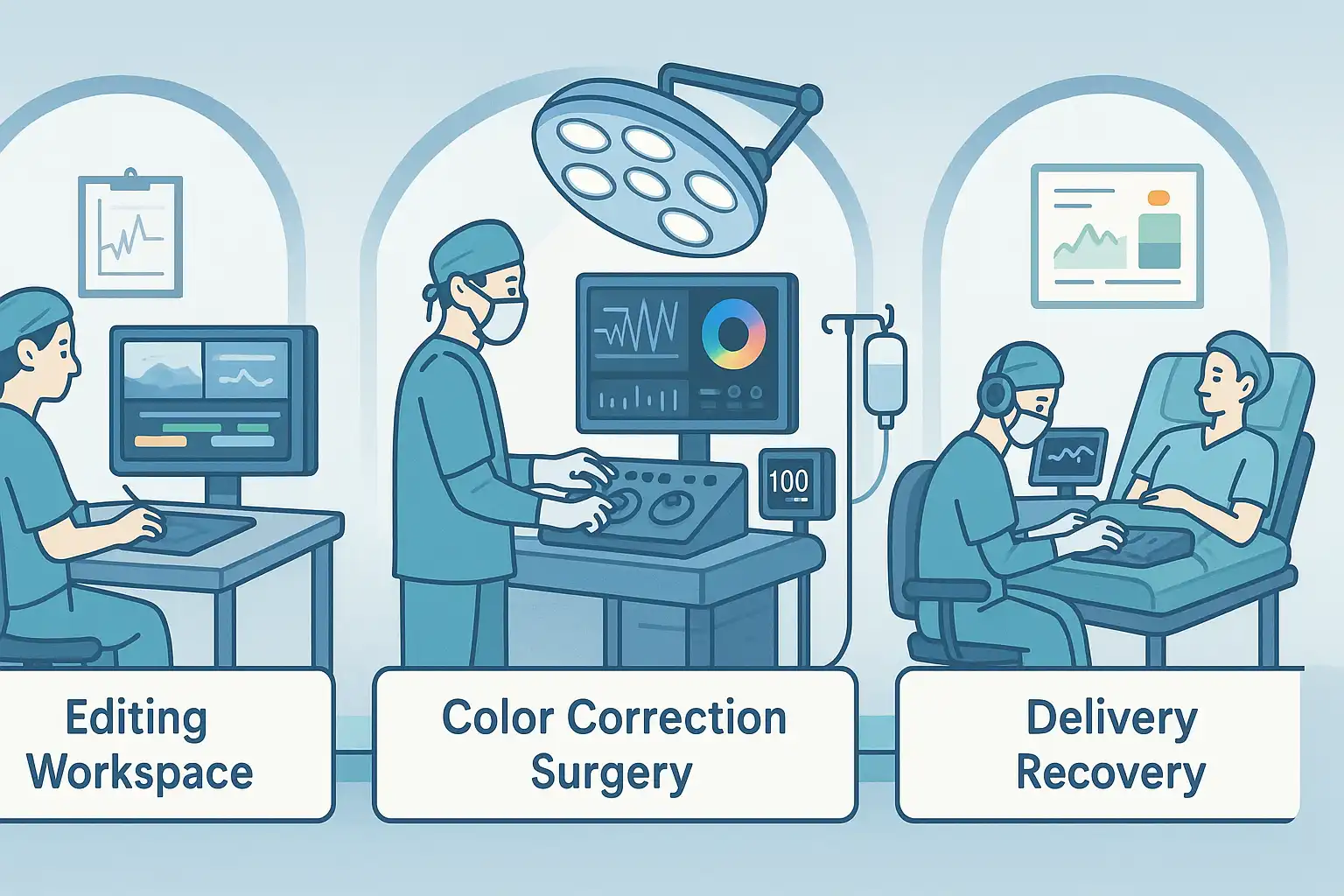 Visualization of DaVinci Resolve's professional treatment workflow showing surgical precision in color grading, audio therapy, and integrated post-production recovery