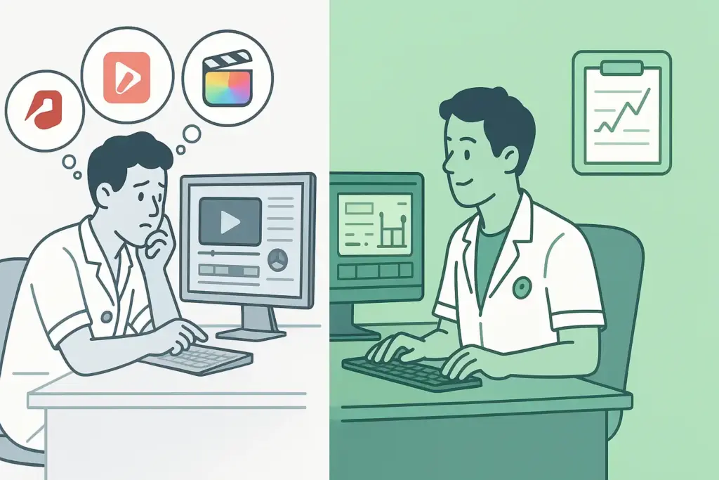 Split-screen illustration showing medical approach to video editing software selection with diagnostic process leading to DaVinci Resolve treatment success