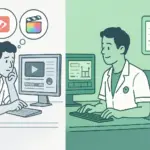 Split-screen illustration showing medical approach to video editing software selection with diagnostic process leading to DaVinci Resolve treatment success