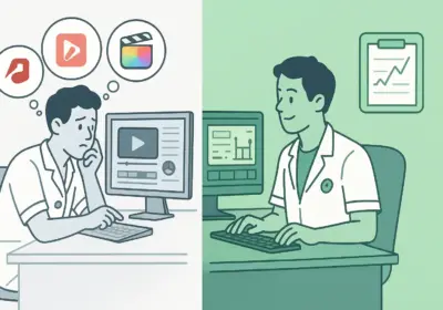 Split-screen illustration showing medical approach to video editing software selection with diagnostic process leading to DaVinci Resolve treatment success