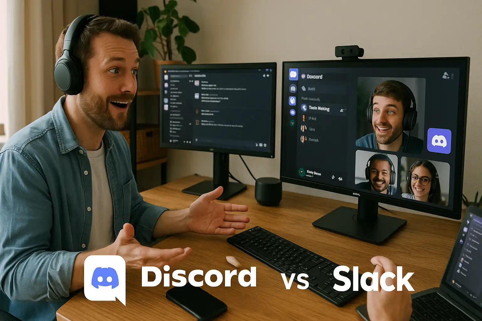 Business team discovering Discord's voice quality superiority over Slack in realistic workspace showing actual testing process