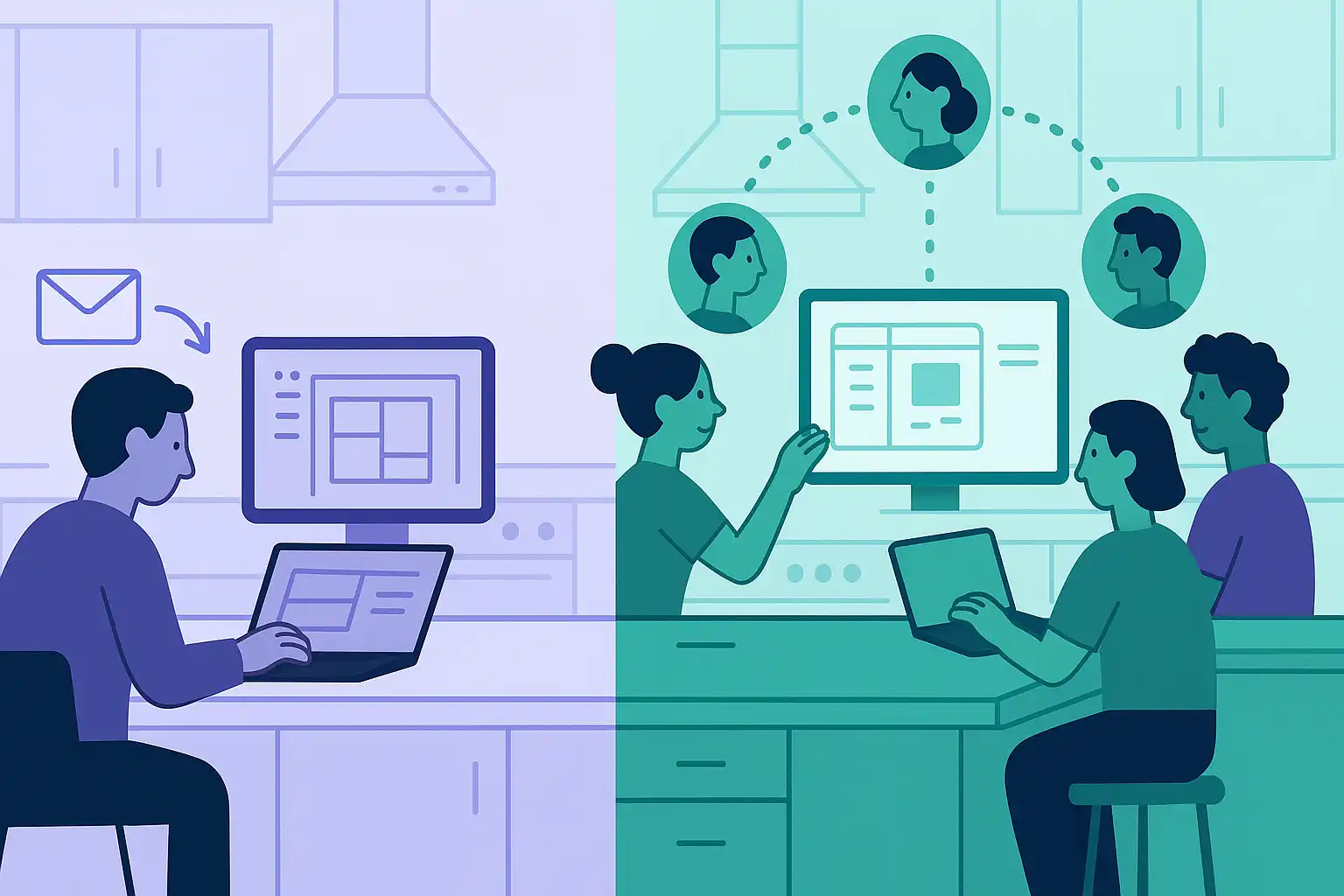 Side-by-side comparison diagram showing solo designer versus collaborative team design workflow