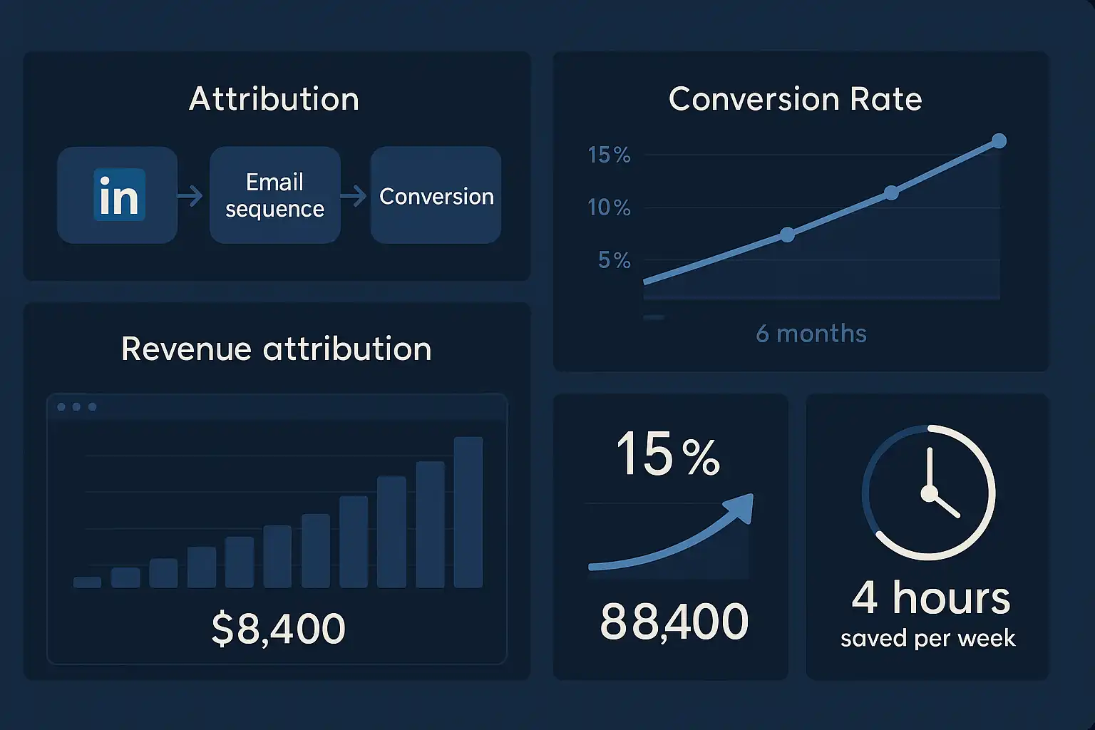 Business intelligence visualization showing HubSpot attribution reporting with conversion rate improvements, revenue tracking, and marketing effectiveness across 6-month period
