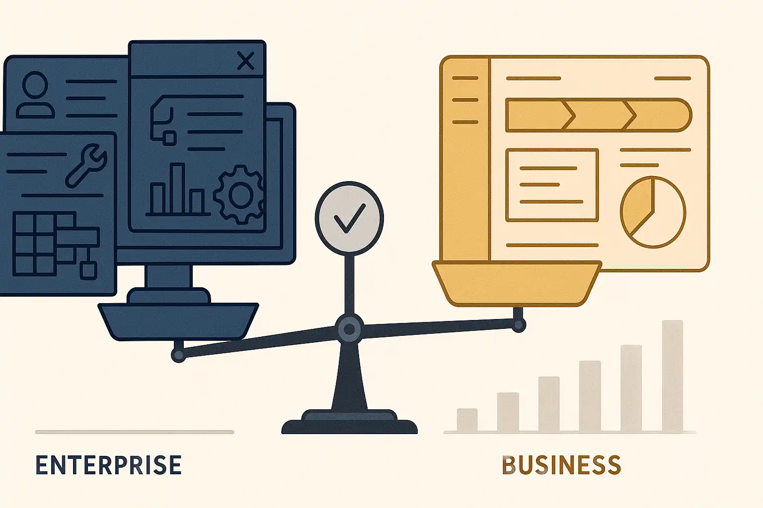 Professional diagram comparing complex enterprise CRM features with practical small business needs showing balance between functionality and usability