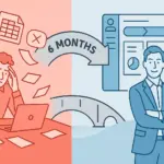 Split-screen business illustration showing transformation from chaotic spreadsheet management to organized CRM workflow with clear sales pipeline and systematic lead nurturing