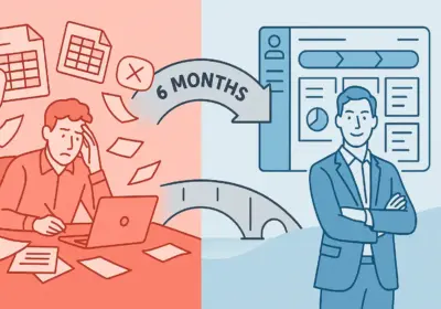 Split-screen business illustration showing transformation from chaotic spreadsheet management to organized CRM workflow with clear sales pipeline and systematic lead nurturing