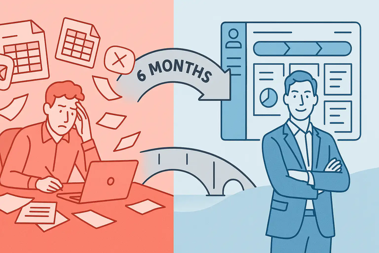 Split-screen business illustration showing transformation from chaotic spreadsheet management to organized CRM workflow with clear sales pipeline and systematic lead nurturing