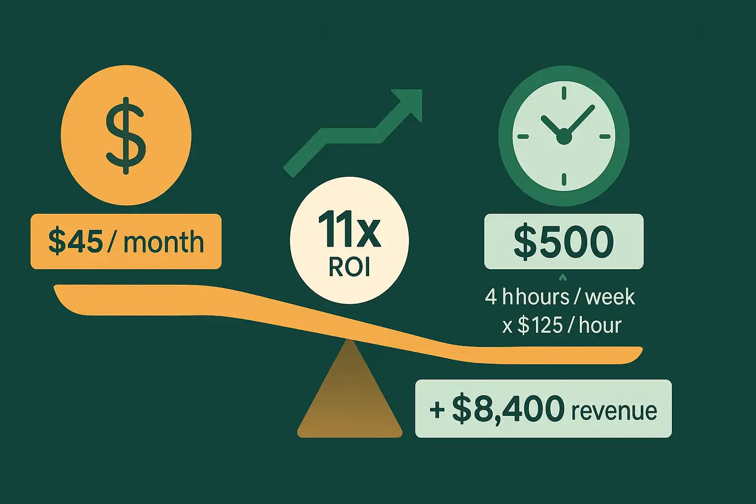 Cost-benefit analysis chart showing HubSpot subscription ROI with time savings value, revenue attribution, and 11x return on investment calculation