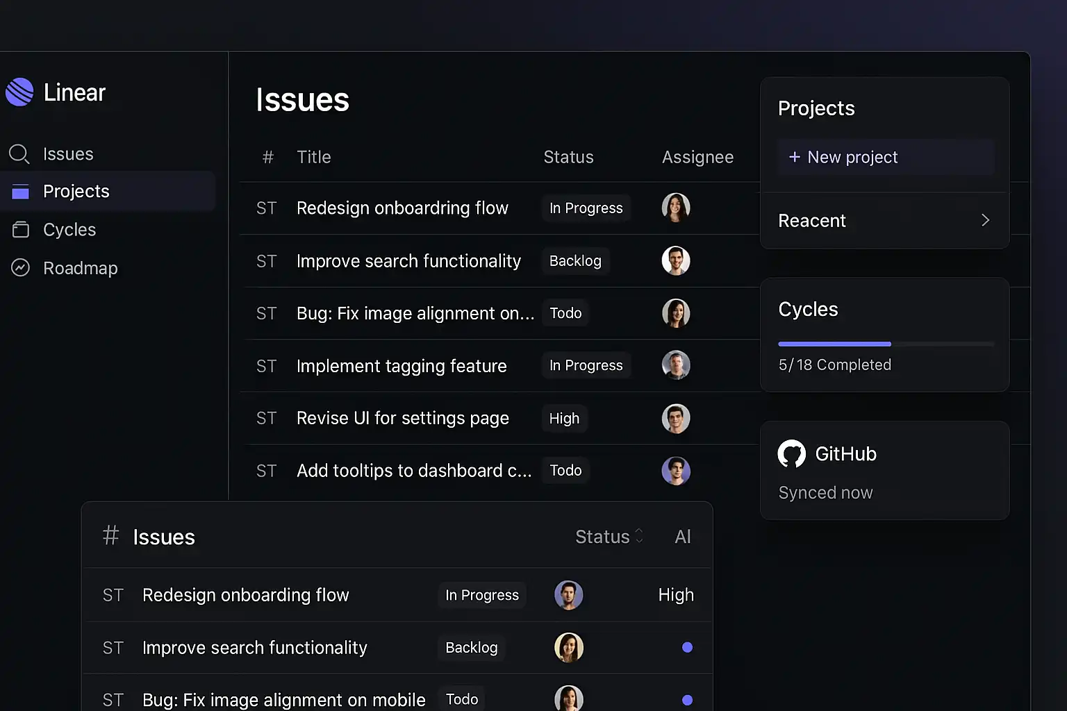 Linear core features: Issues, Projects, Cycles, and GitHub integration