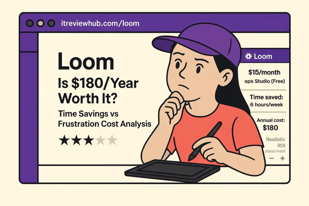 Person reviewing Loom pricing in natural workspace setting showing satisfied but budget-conscious investment decision