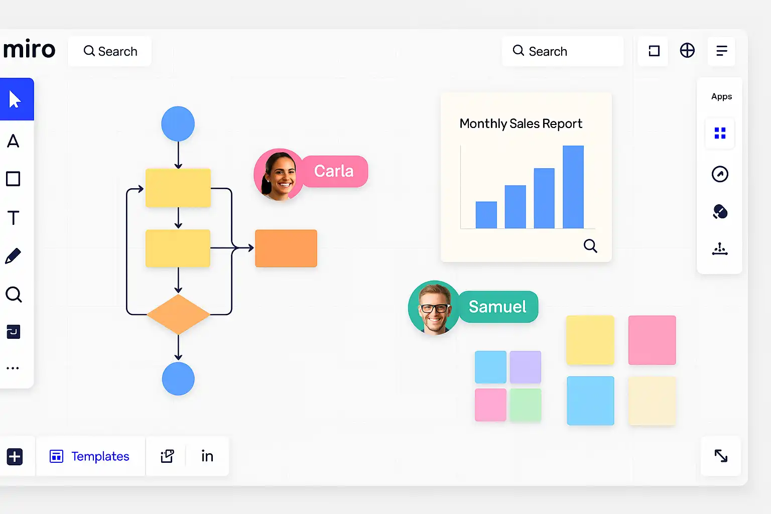 Clean interface showcase of Miro's infinite canvas, real-time collaboration, and template library