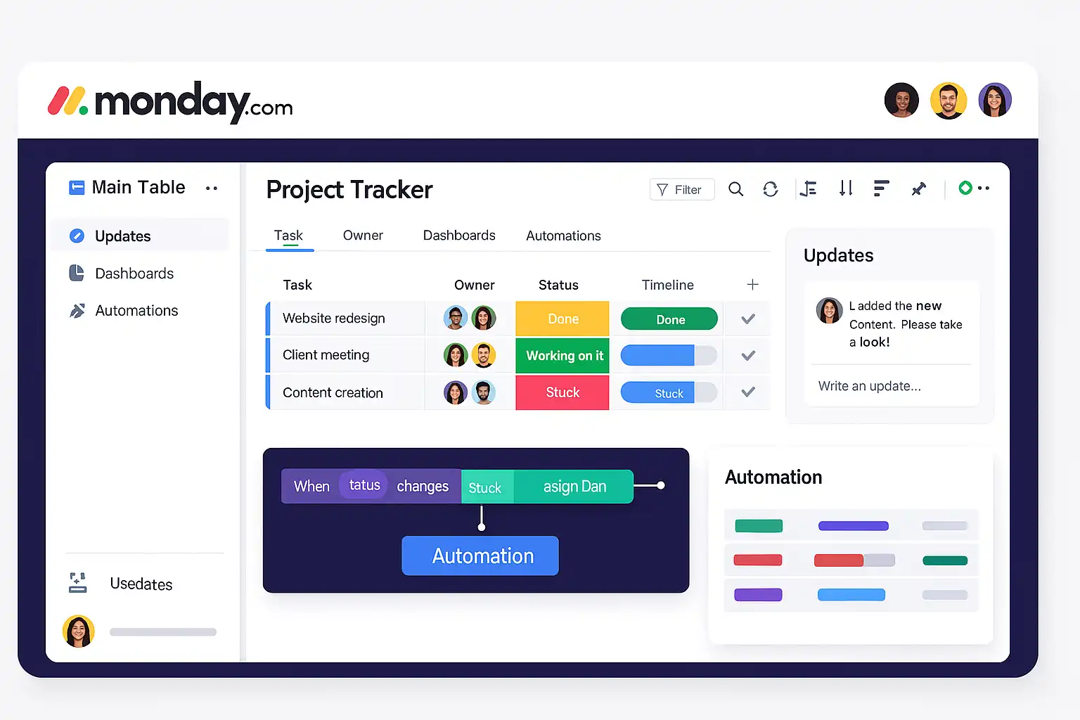 Monday.com interface showing complex board setup vs simple Notion page