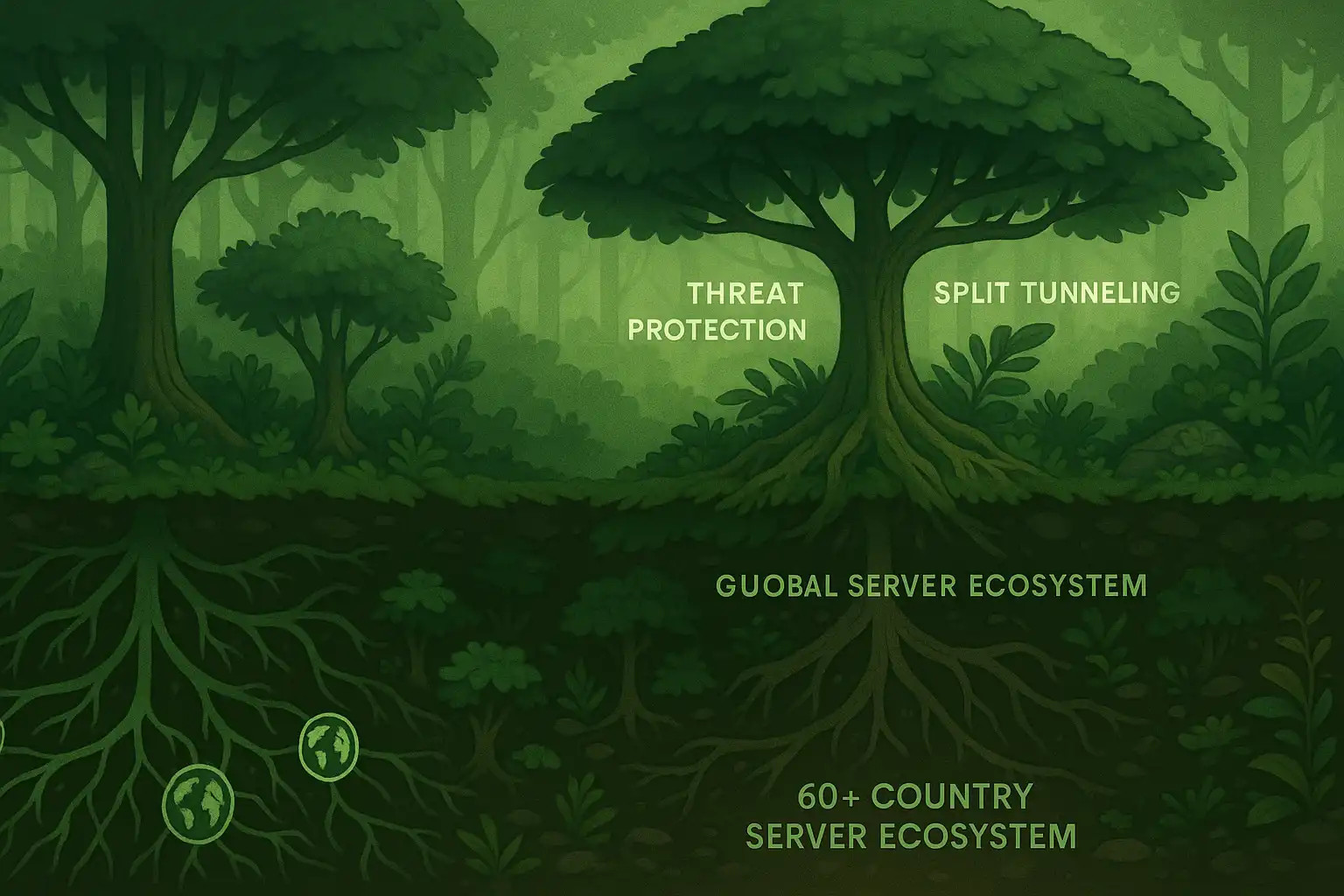 Visualization of complex natural ecosystem showing multiple VPN protection layers with global root networks and symbiotic security relationships