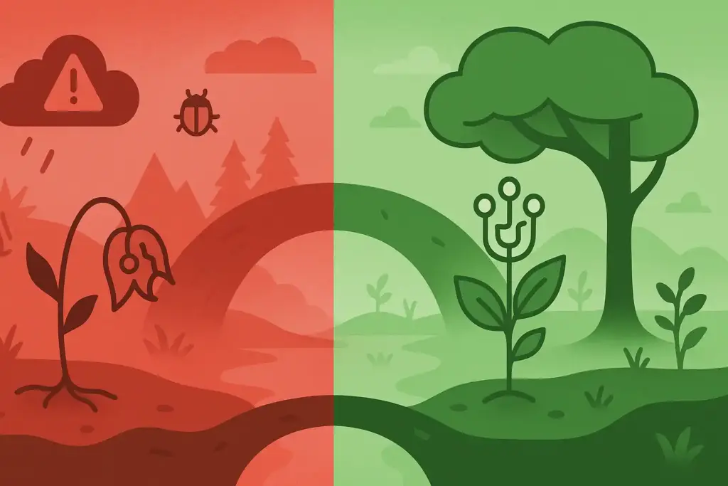 Split-screen nature illustration showing transformation from vulnerable digital environment to protected ecosystem with secure growth and natural cyber-defense canopy