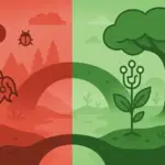 Split-screen nature illustration showing transformation from vulnerable digital environment to protected ecosystem with secure growth and natural cyber-defense canopy