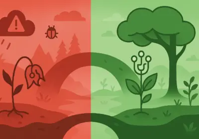 Split-screen nature illustration showing transformation from vulnerable digital environment to protected ecosystem with secure growth and natural cyber-defense canopy