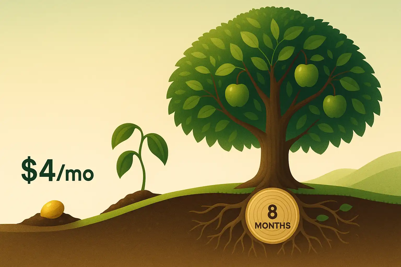 Cost-benefit analysis showing small monthly investment growing into large protective security tree with measurable business benefits and peace of mind harvest