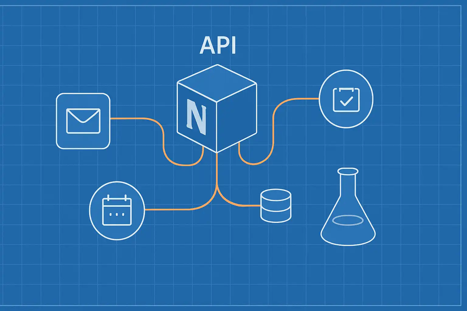 Workflow diagram showing Notion as central hub connected to email, calendar, and task management systems