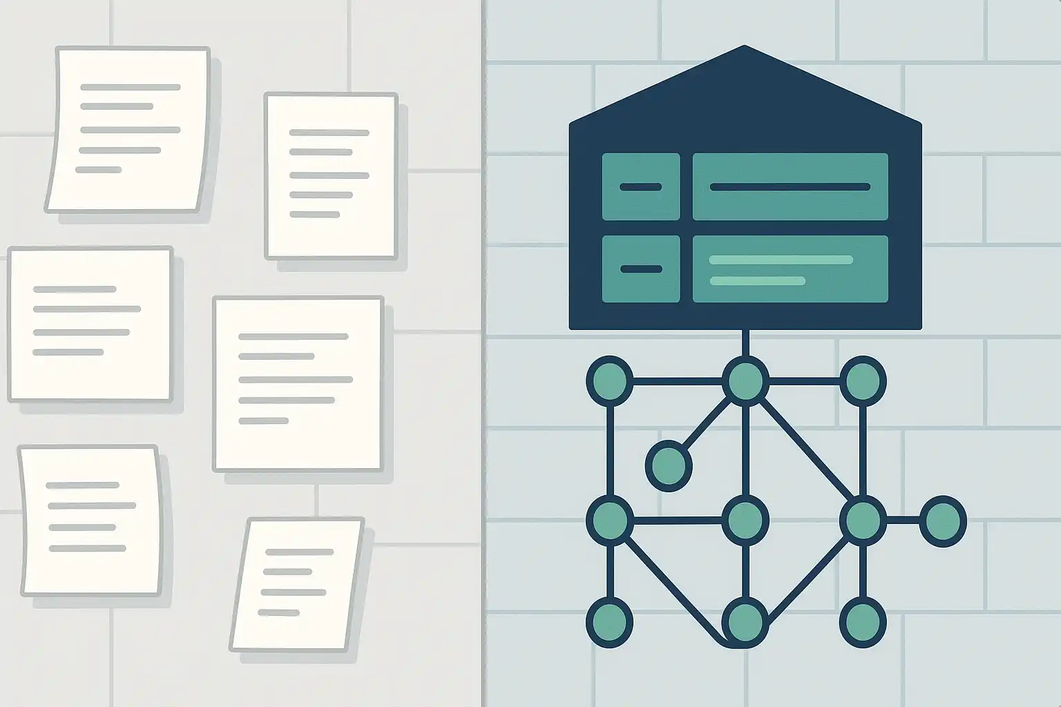 Side-by-side comparison diagram showing fragmented documents versus interconnected database structure