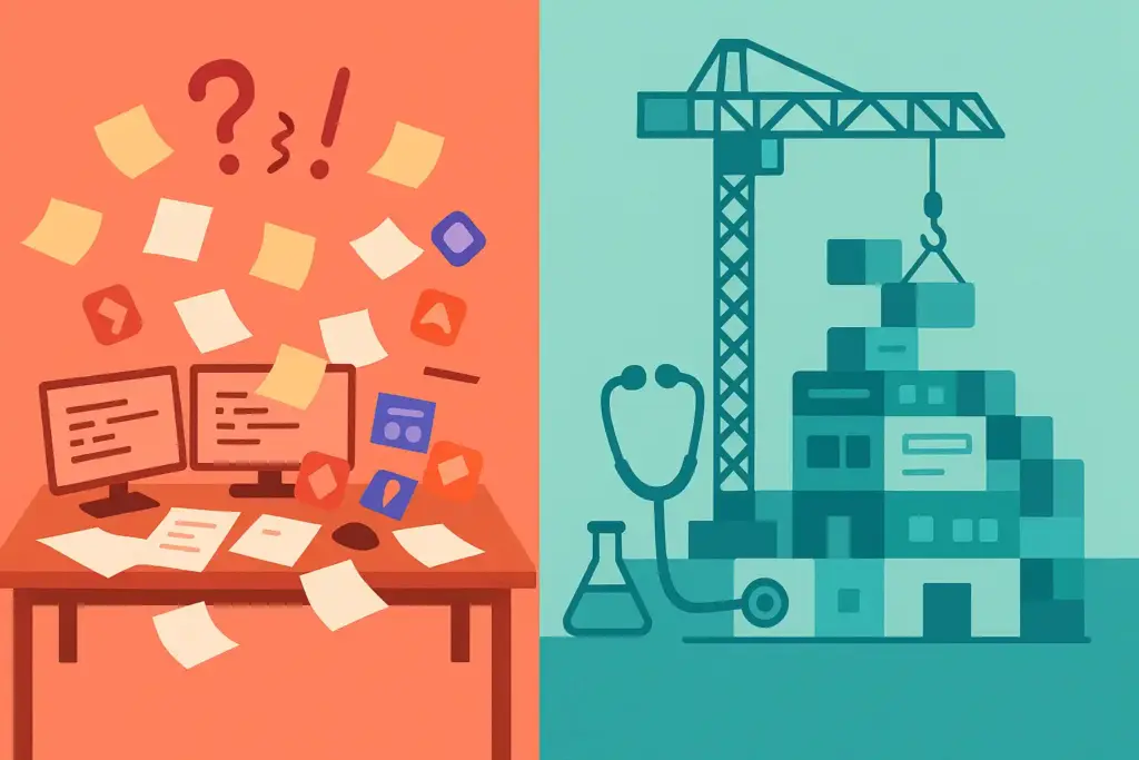 Split image showing chaotic scattered documents transitioning to organized structured digital workspace