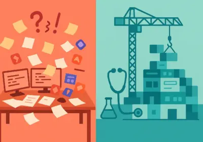 Split image showing chaotic scattered documents transitioning to organized structured digital workspace