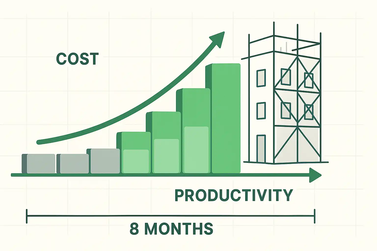 Timeline chart showing monthly subscription costs compared to increasing productivity returns over 8-month period