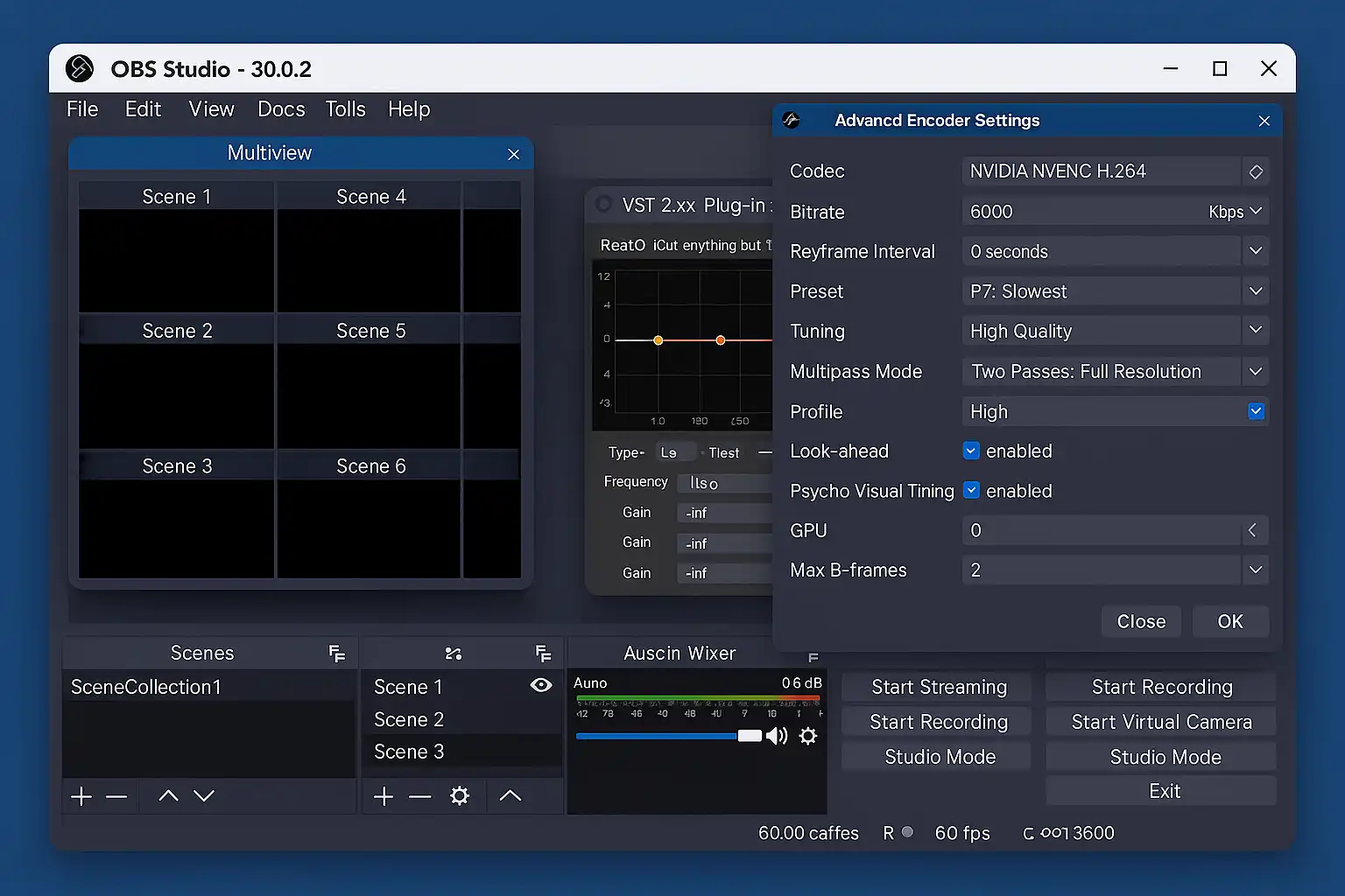Advanced OBS Studio setup showing multiview, VST plugins, encoding settings and professional streaming workflow automation
