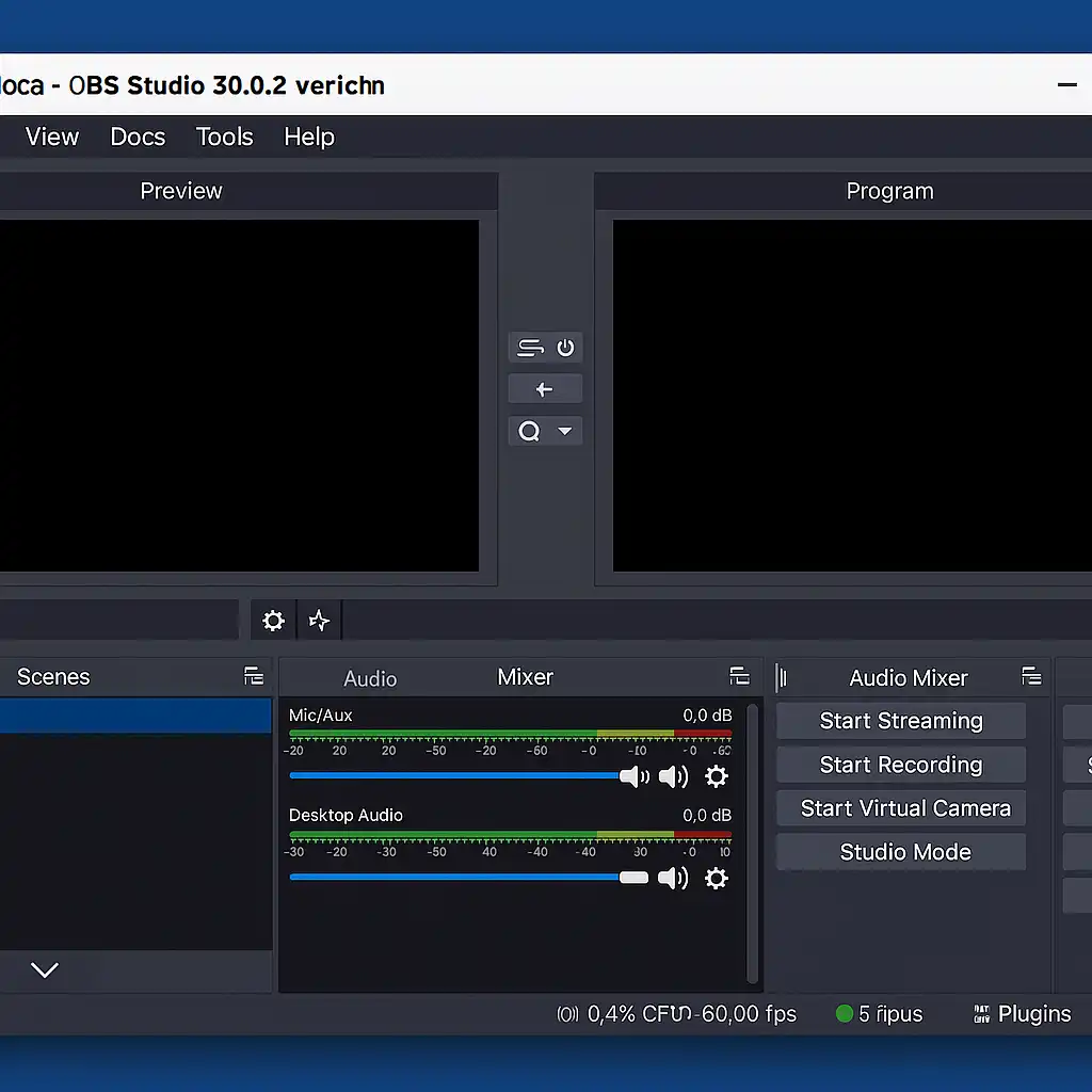 OBS Studio interface showcasing Studio Mode, audio mixer, scene management and source controls with professional streaming workflow