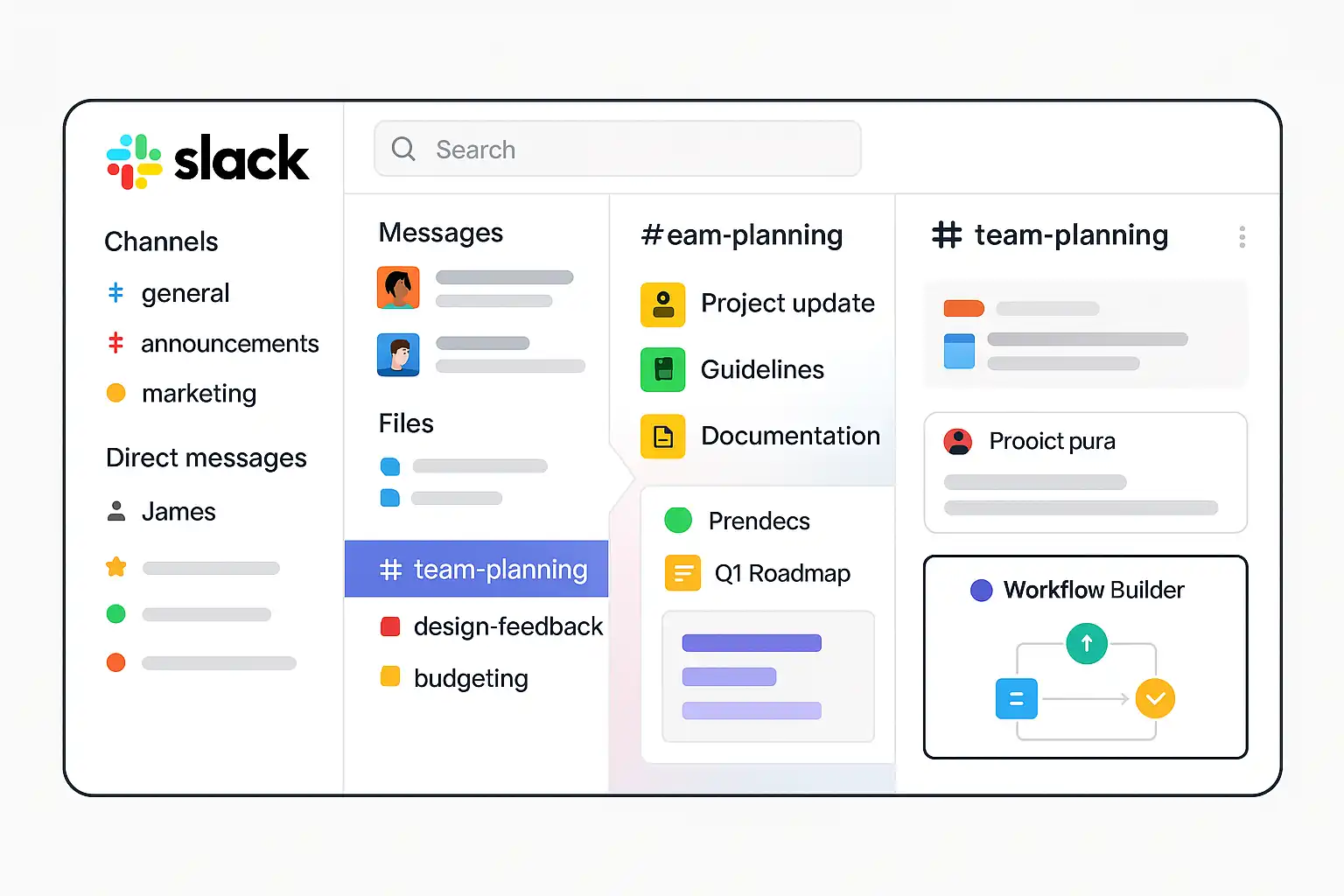 Slack interface demonstration showing channel organization, search functionality, and automated RSS feed integration for personal productivity