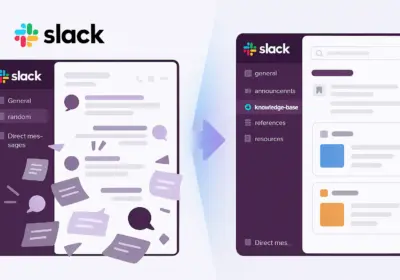 Before and after comparison showing transformation from scattered productivity tools to unified Slack workspace for personal knowledge management