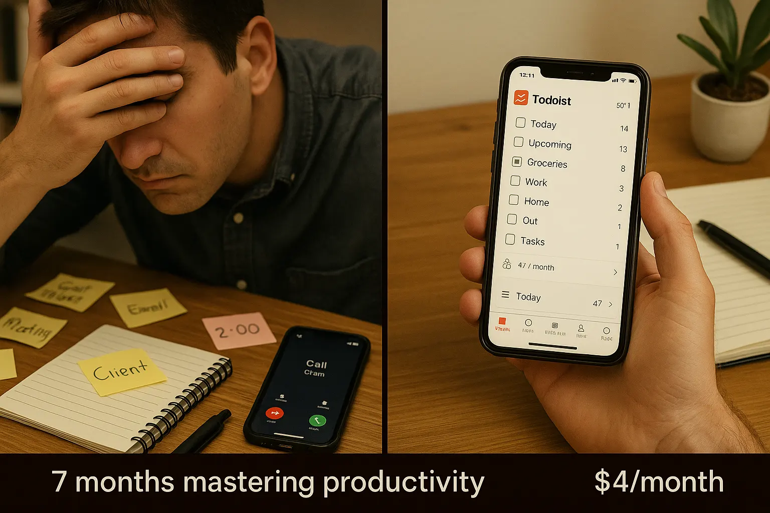 Person reviewing Todoist subscription value in natural workspace setting showing satisfied investment decision