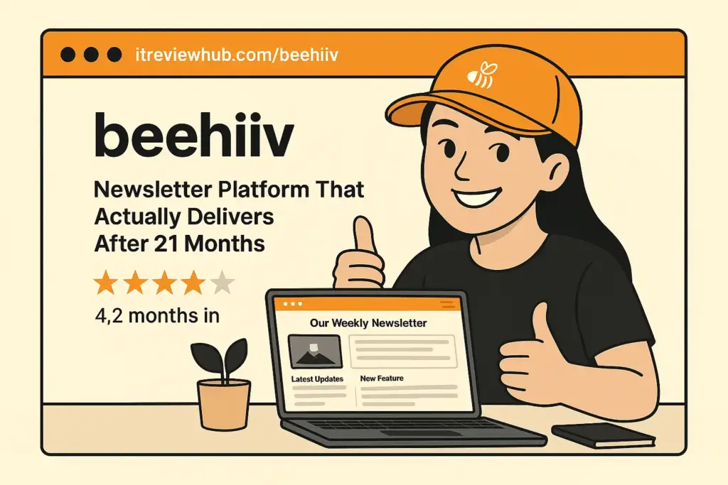 Personal 21-month journey with Beehiiv showing confident satisfaction and newsletter creator success