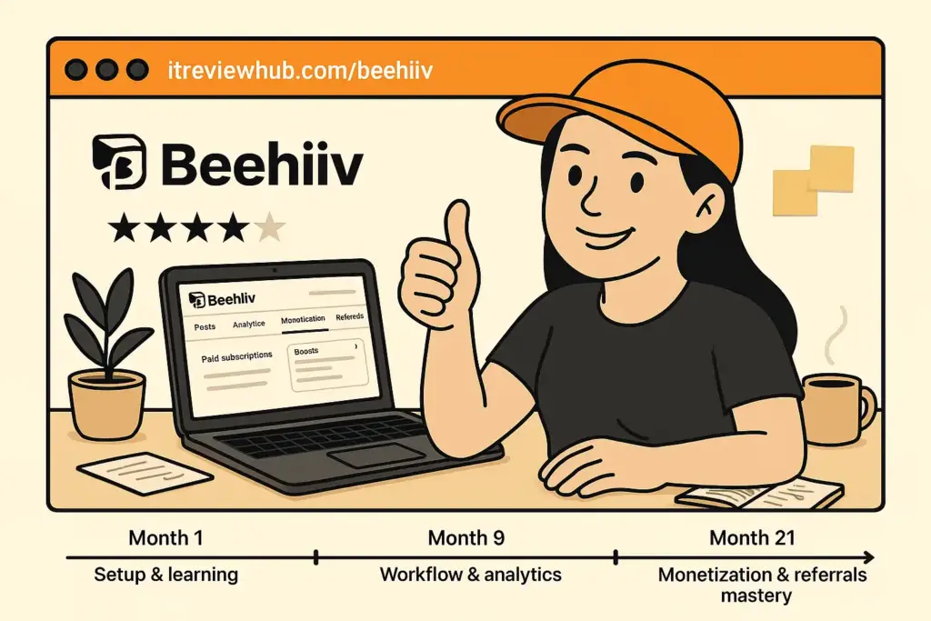 Advanced Beehiiv newsletter creation workflow showing 21-month skill progression and creator confidence